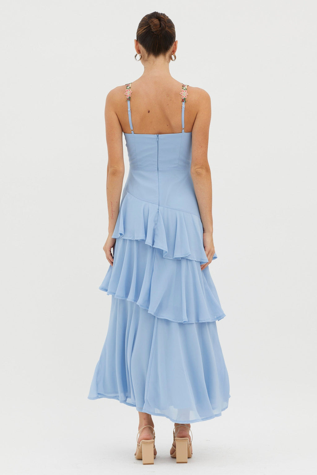 Rose Garden Tiered Ruffle Floral Trim Dress Blue