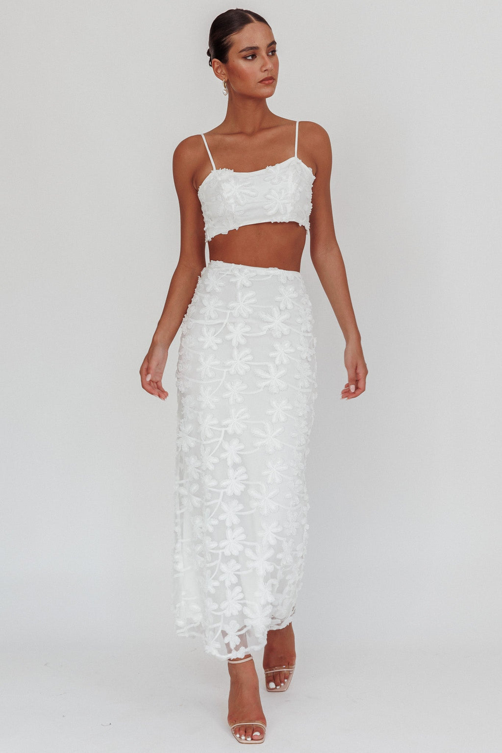 Casi Palm Tree Embroidered Maxi Skirt White