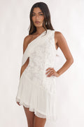 Anaisa One-Shoulder Draped Mini Dress Embellished Off White